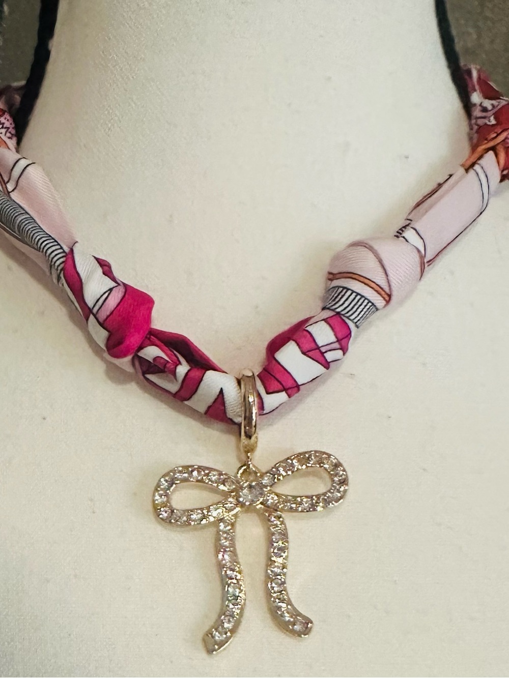 Pink Scarf Necklace with Bow Charm